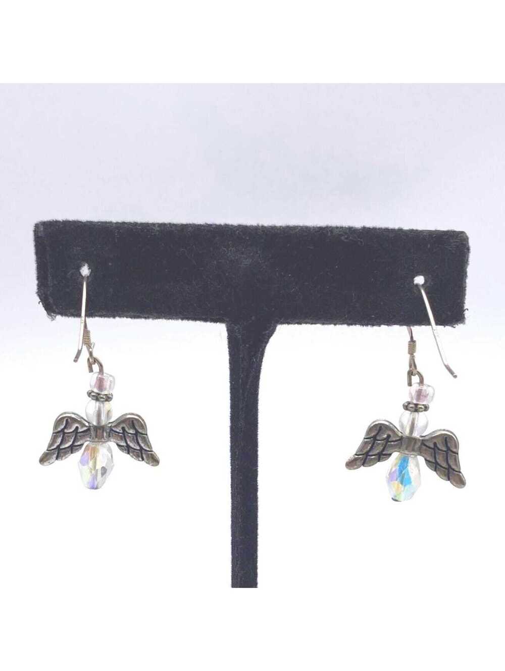 Vintage Silver Tone and Clear Aurora Borealis AB Beaded Angel Dangle Earrings.